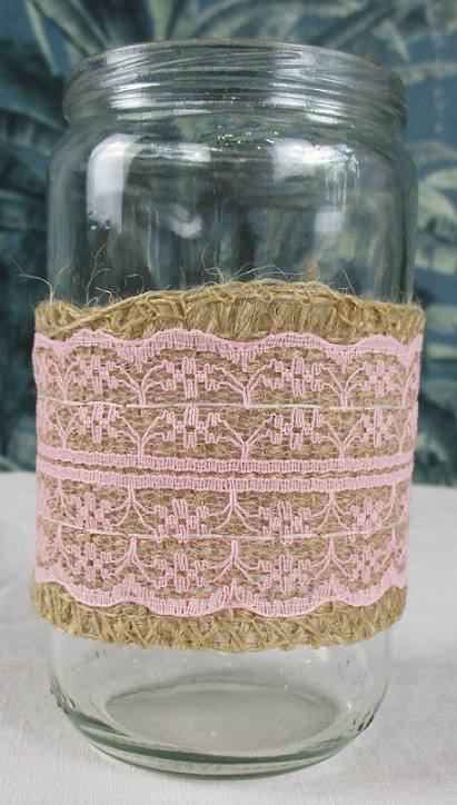 Gläser mit Jute und Rosa Spitze, Tischdekoration, Hochzeitsdekoration, Leihmaterial